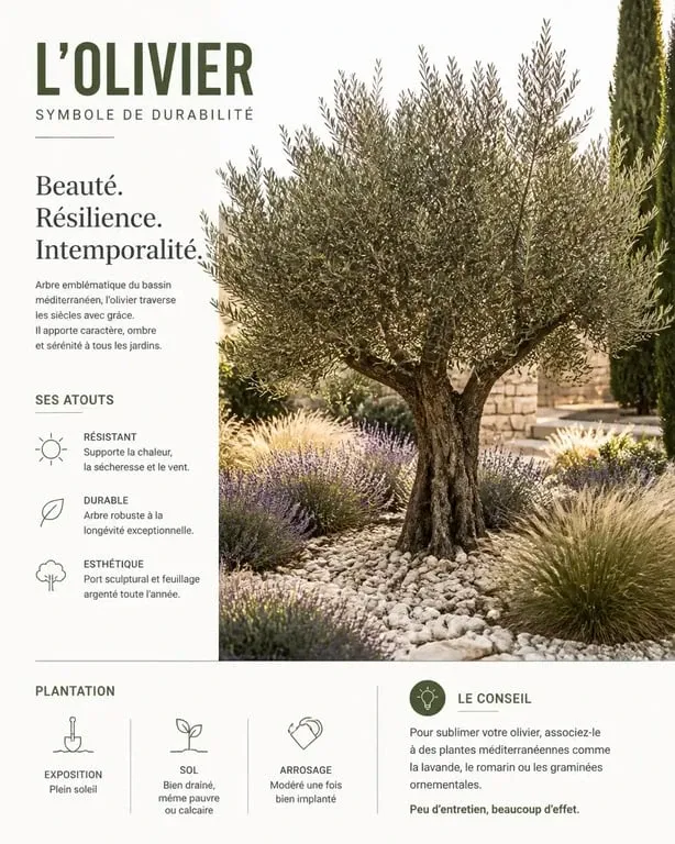 Aménagement d'un olivier dans un jardin méditerranéen avec lavandes et paillage minéral