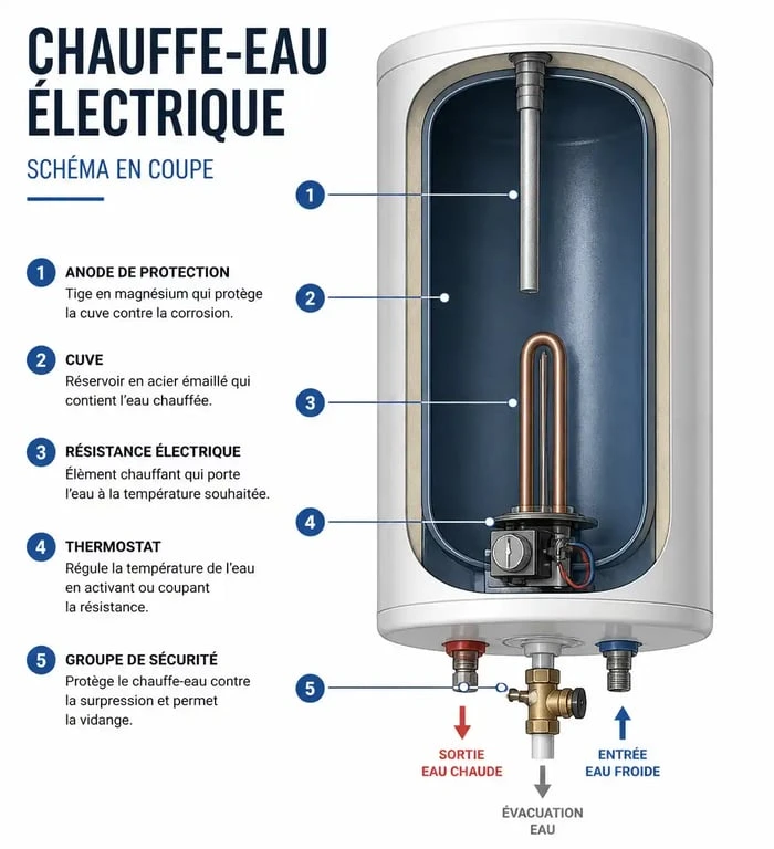Schéma technique des composants d'un chauffe-eau électrique pour diagnostic de panne