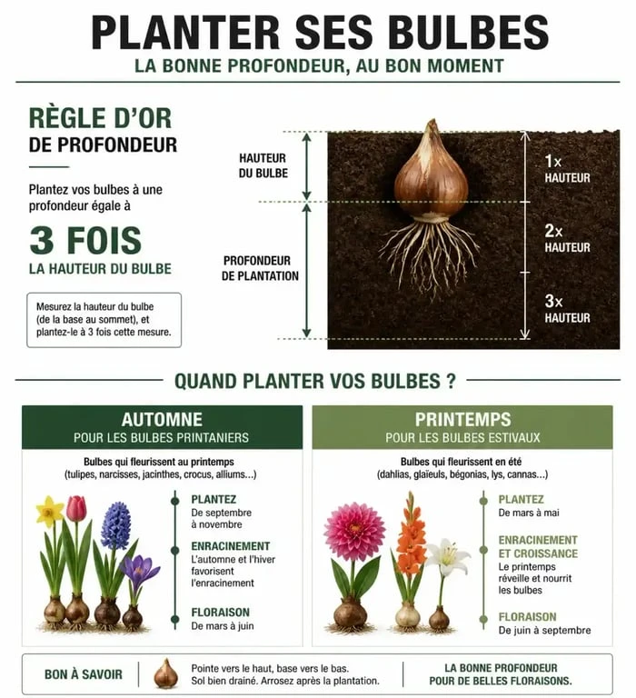 Infographie sur le calendrier et la profondeur de plantation des bulbes de fleurs