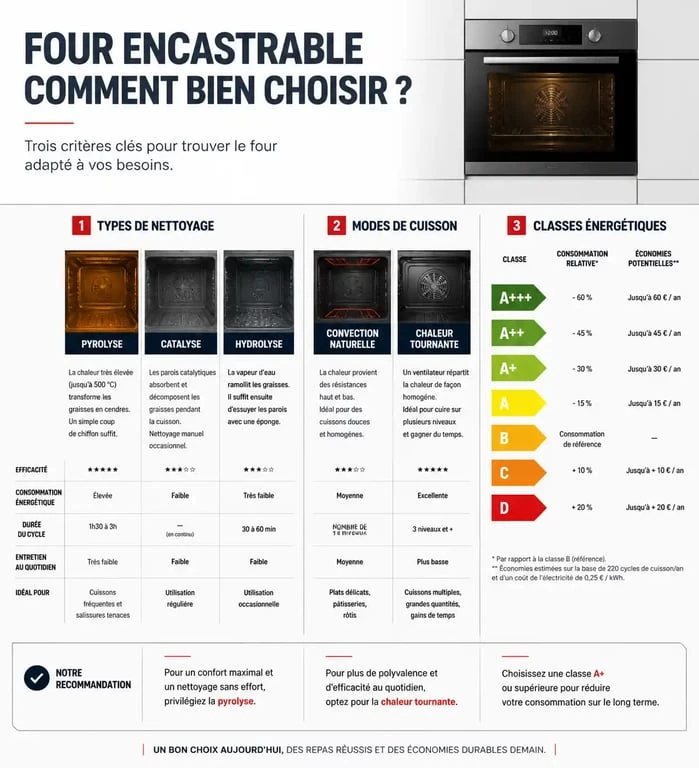 Infographie comparative des critères de choix pour un four encastrable : nettoyage, cuisson et énergie