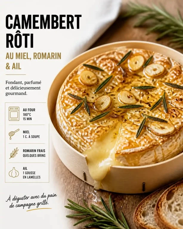 Camembert rôti au four au miel et romarin, prêt à être dégusté