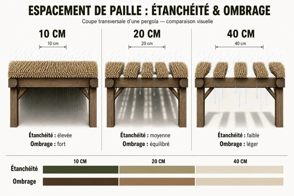 Infographie comparative de l'espacement des couches pour un toit en paille pour pergola