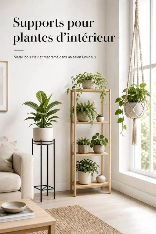 Mise en situation de différents modèles de support plante intérieur dans un salon moderne.