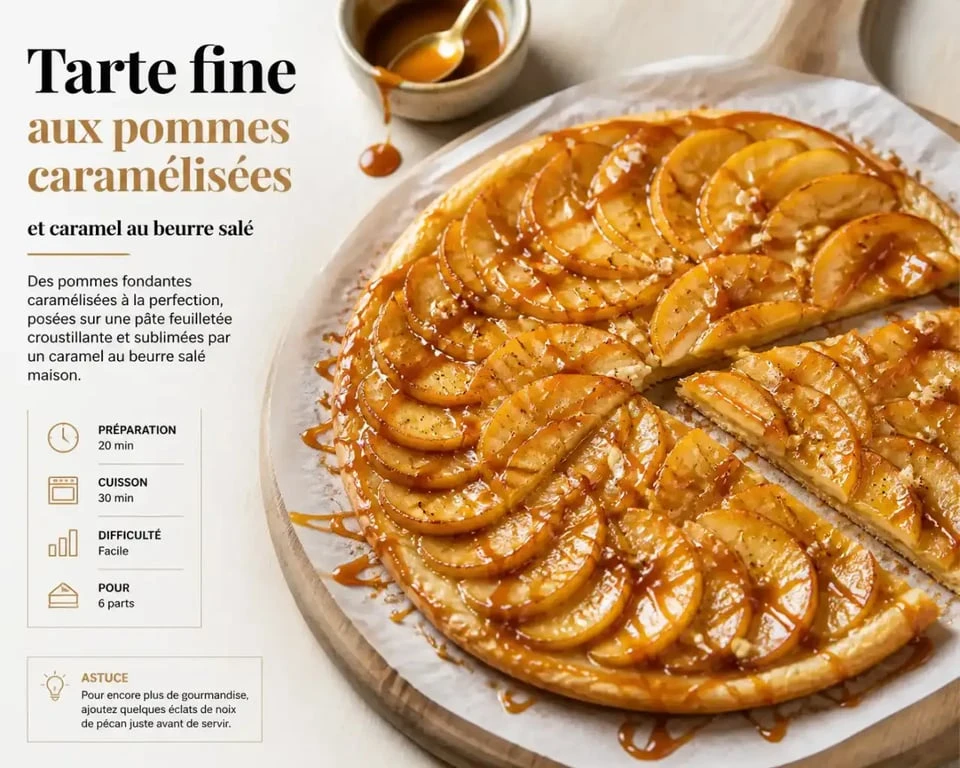 Tarte fine aux pommes et caramel au beurre salé réalisée avec une pâte brisée croustillante