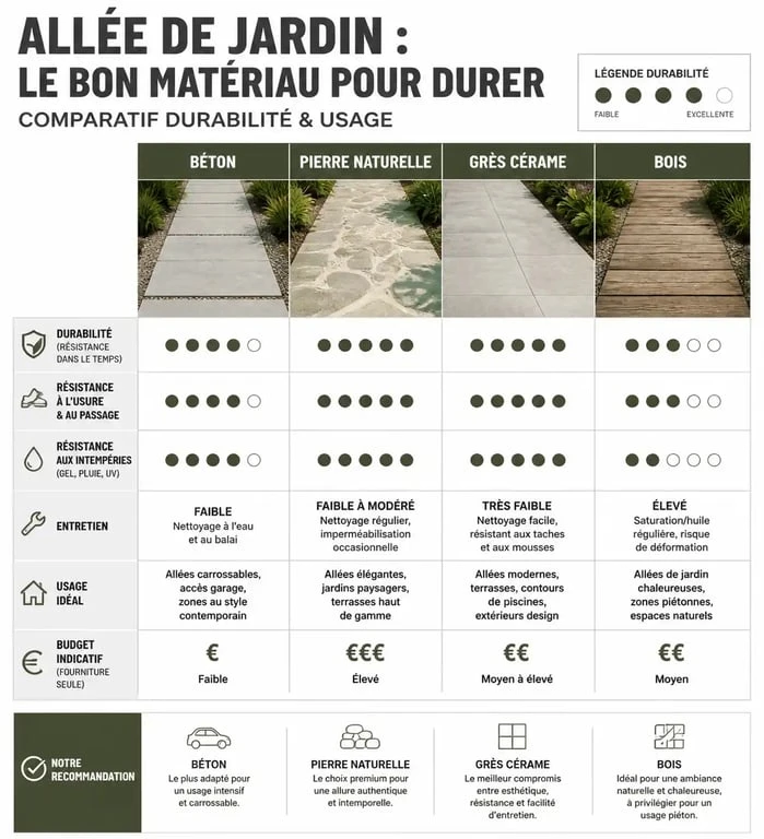 Infographie comparative des matériaux pour dalle allée de jardin : béton, pierre naturelle, grès cérame et bois.