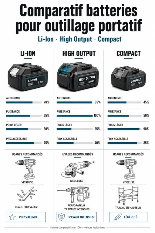 Infographie comparative des technologies de batteries pour outillage portatif : Li-Ion, High Output et Compact.