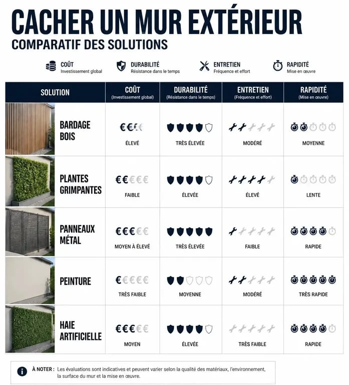 Infographie comparative des solutions pour cacher un mur extérieur : coût, durabilité et entretien