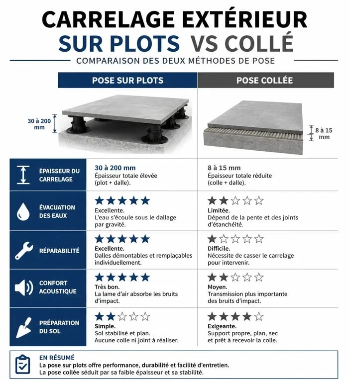 Tableau comparatif des inconvénients et avantages de la pose de carrelage sur plots par rapport à la pose collée