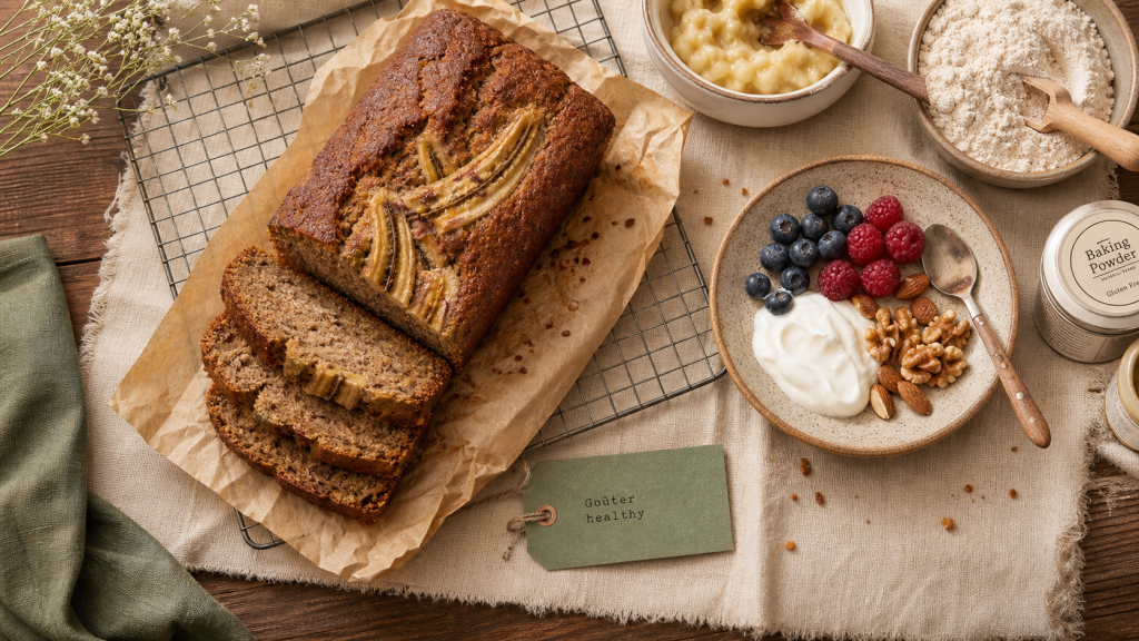 Goûter healthy : banana bread sans sucre, yaourt grec et baies