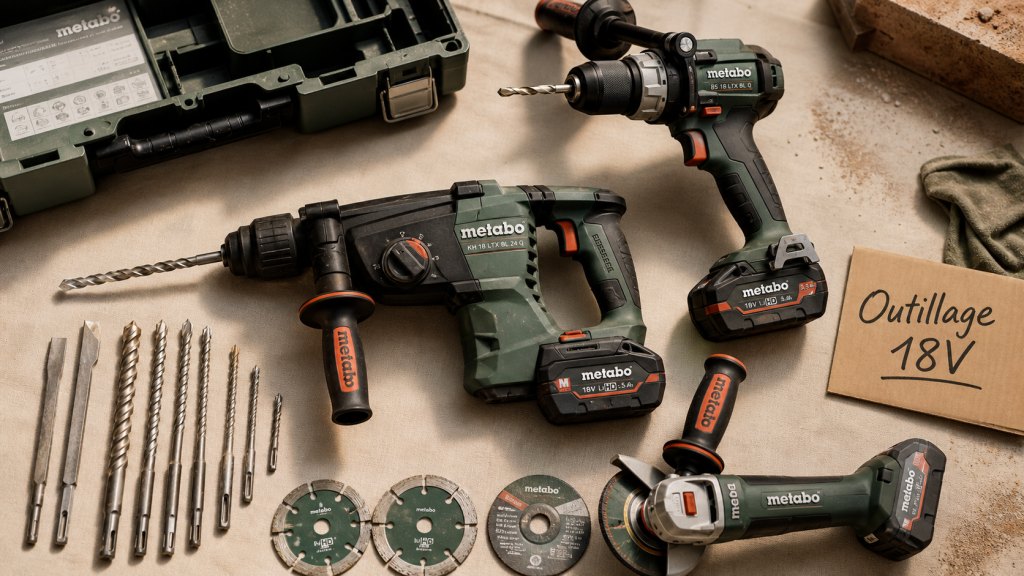 Outillage portatif 18V : perceuse sans fil, perforateur et meuleuse