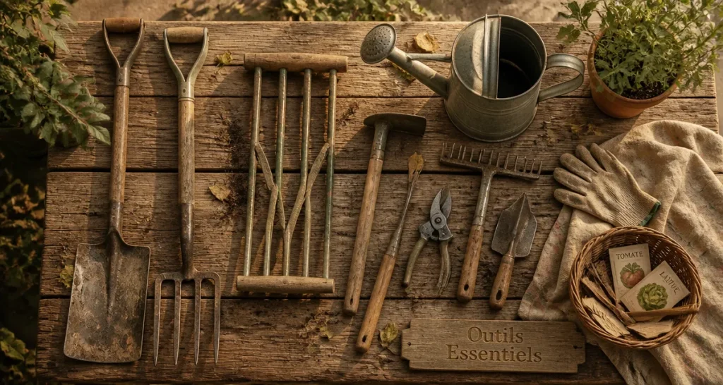 Outils de jardinage liste avec photos sur table en bois
