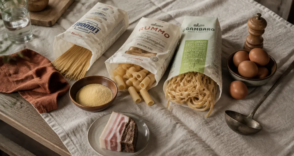 Pates italiennes marques artisanales en paquets sur table