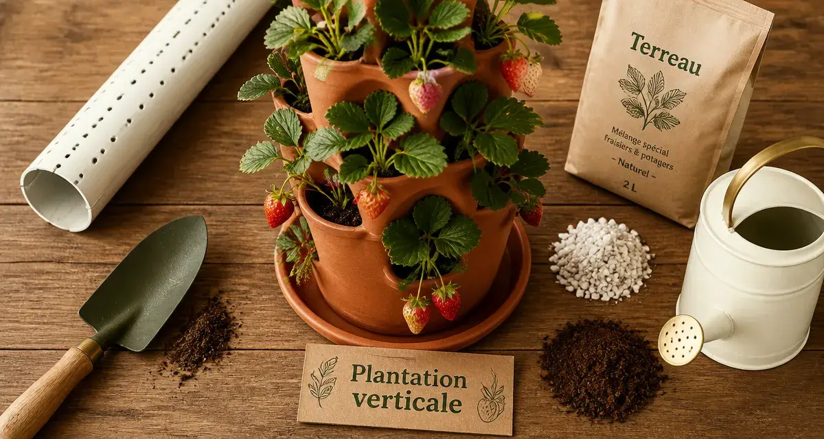 Plantation fraisier en hauteur : tour avec fraisiers et récolte accessible