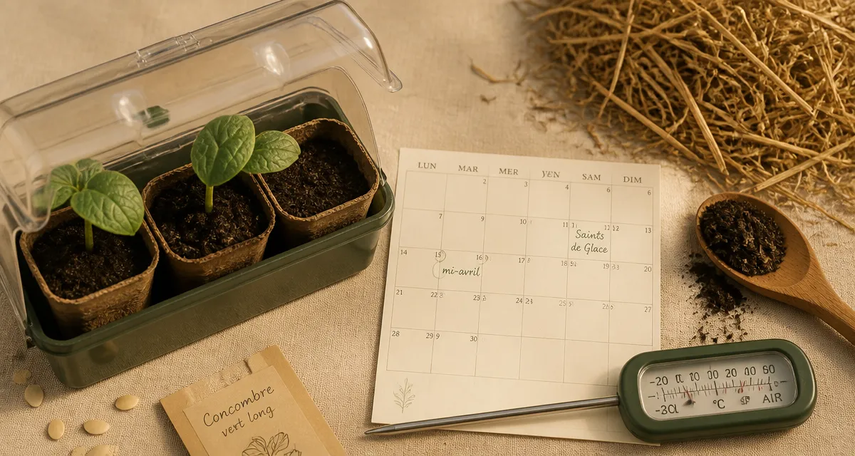 Quand planter concombre : repiquage avec thermomètre et mini-serre