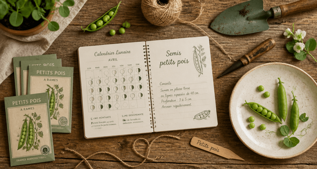 quand semer les petit pois avec la lune, sachets graines, calendrier, outils jardin