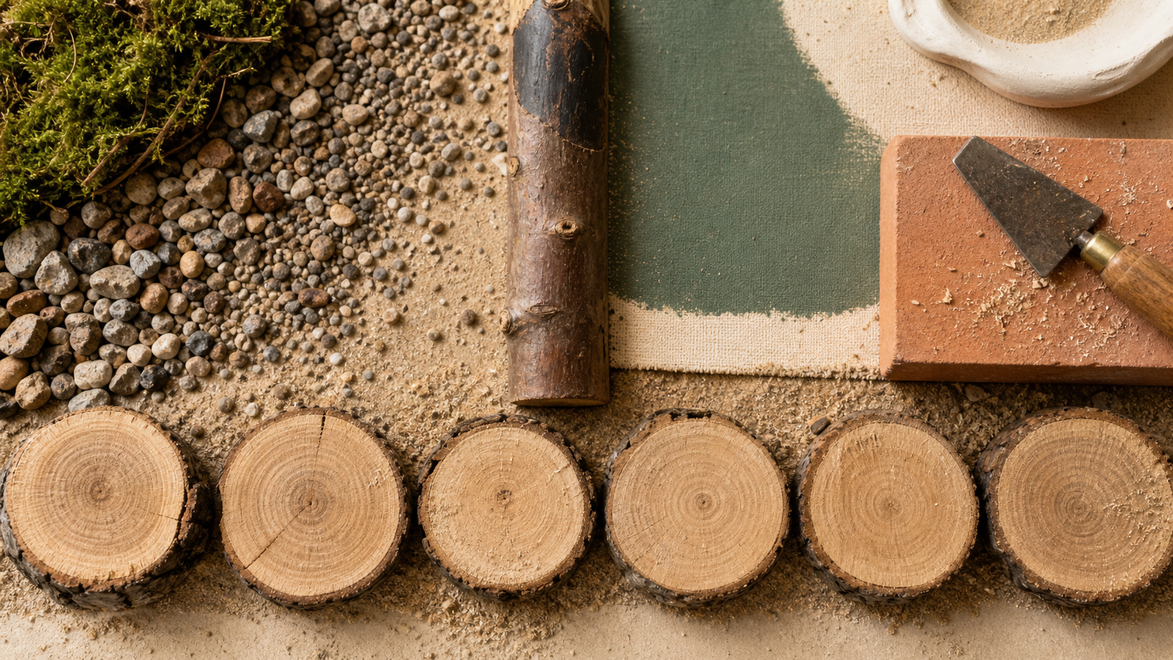 Que faire avec des rondins de bois dans le jardin : rangée de rondins sur sable, bordure bois.