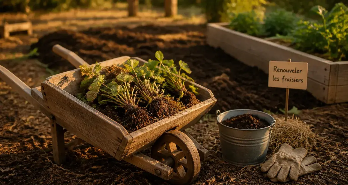 Que faire des vieux fraisiers : brouette avec vieux plants à recycler