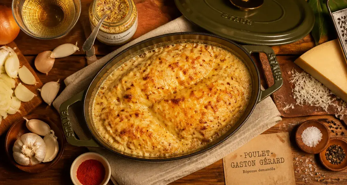 Recette poulet Gaston Gérard Cyril Lignac : poulet crème-moutarde au comté
