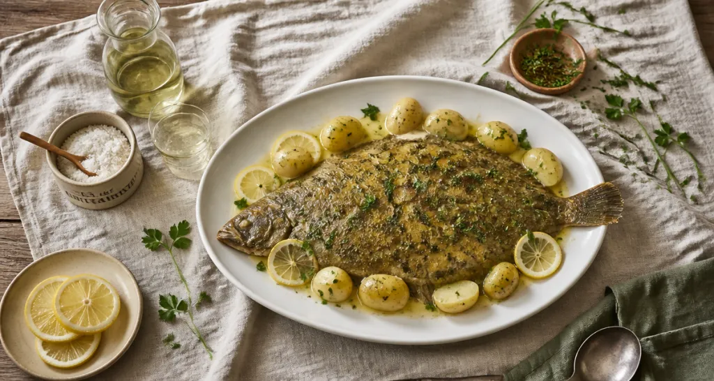 sole au four dans plat avec beurre citronné et herbes