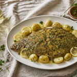 sole au four dans plat avec beurre citronné et herbes