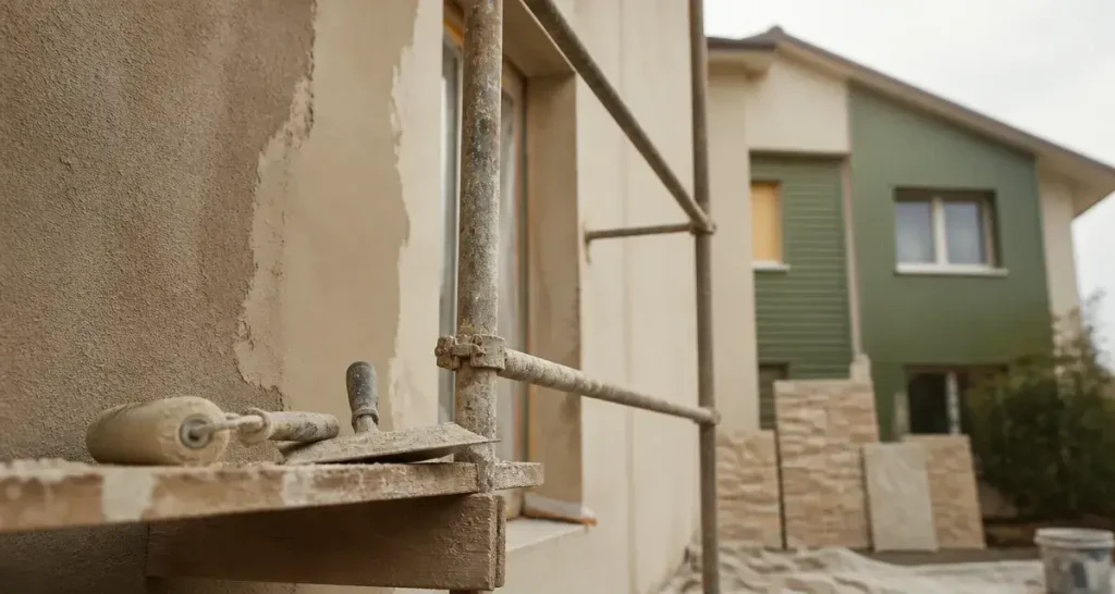 Solutions rénover ou embellir façade : mur en rénovation avec enduit et peinture sur échafaudage