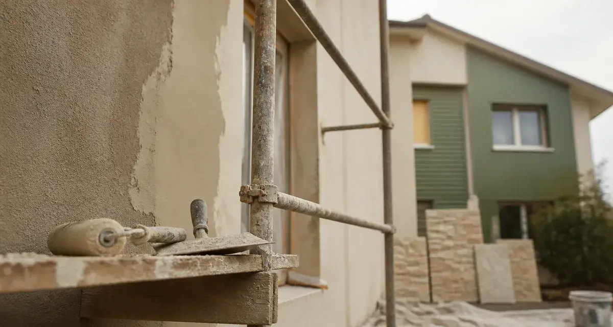 Solutions rénover ou embellir façade : mur en rénovation avec enduit et peinture sur échafaudage