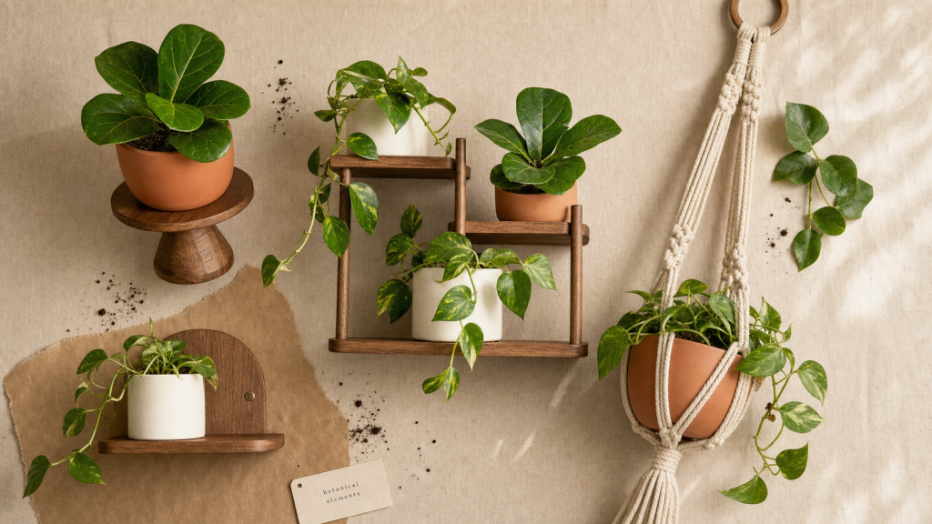 Support plante intérieur en bois et métal pour plantes d’intérieur, stable et pratique