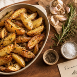 Accompagnement de pommes de terre rôties à l’ail et aux herbes, plat en céramique