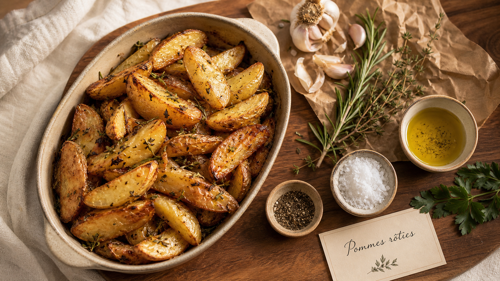 Accompagnement de pommes de terre rôties à l’ail et aux herbes, plat en céramique