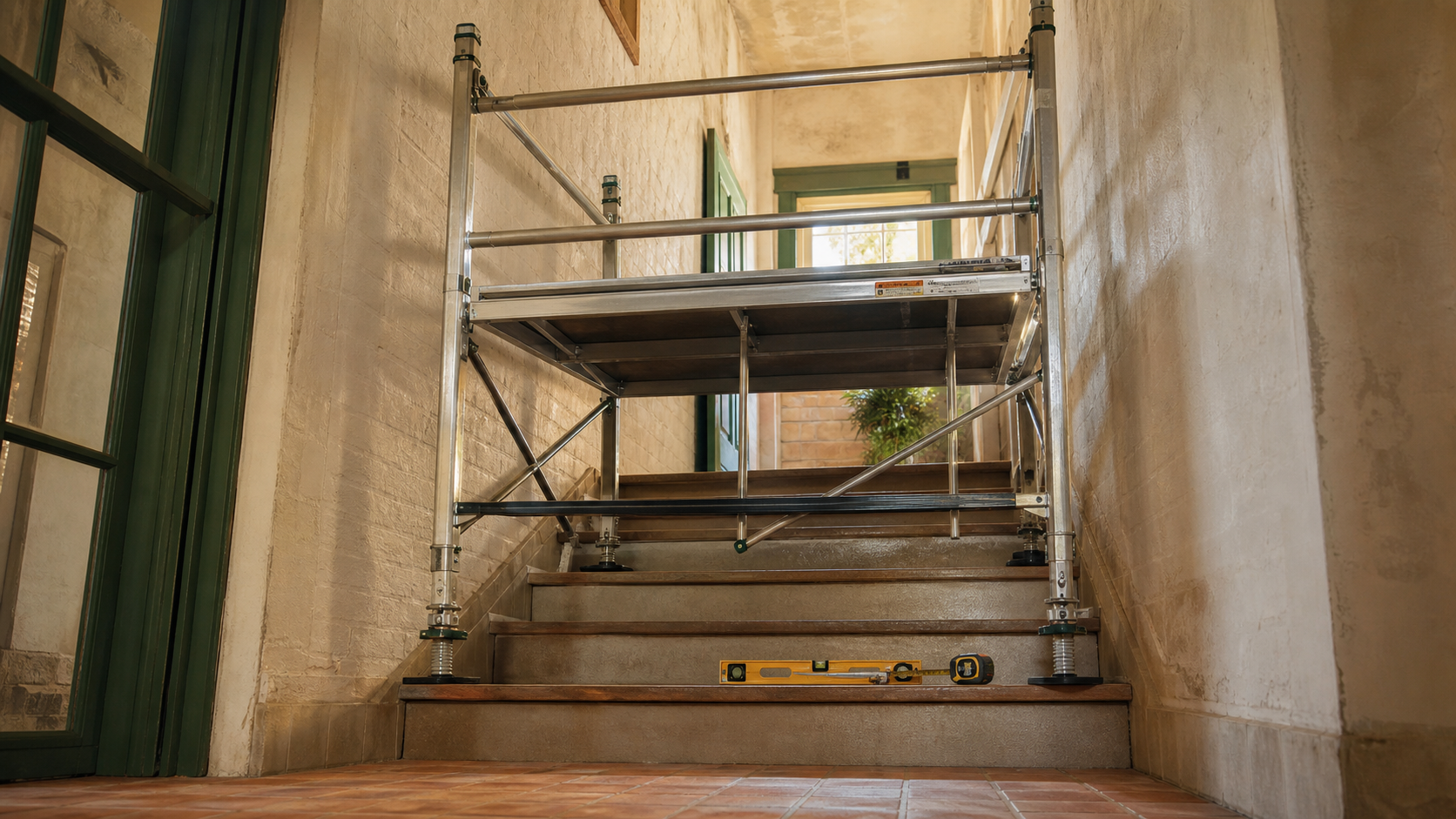 Astuce echafaudage escalier : échafaudage sur marches sécurisé, garde-corps