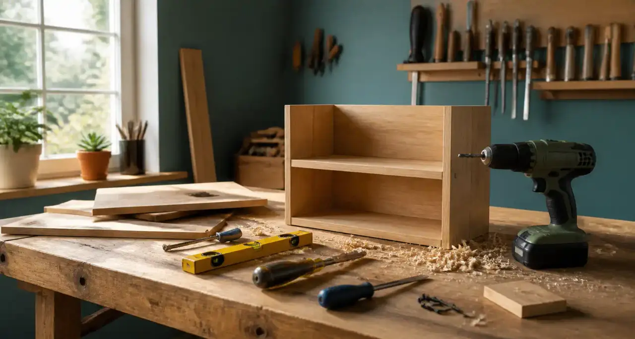 Établi de bricolage à la maison avec outils, perceuse et étagère en cours de montage
