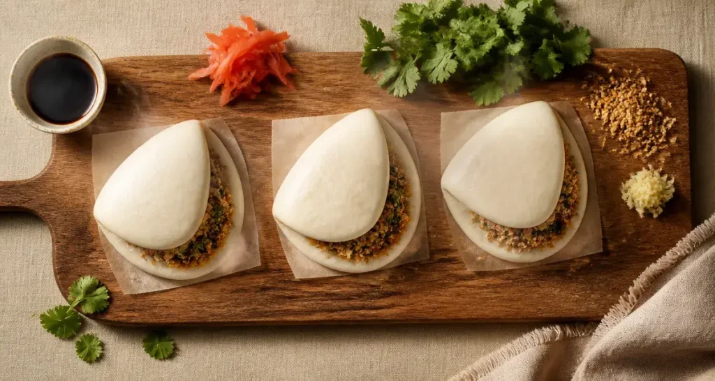 Bao bun maison vapeur douce, garnitures au soja et pickles