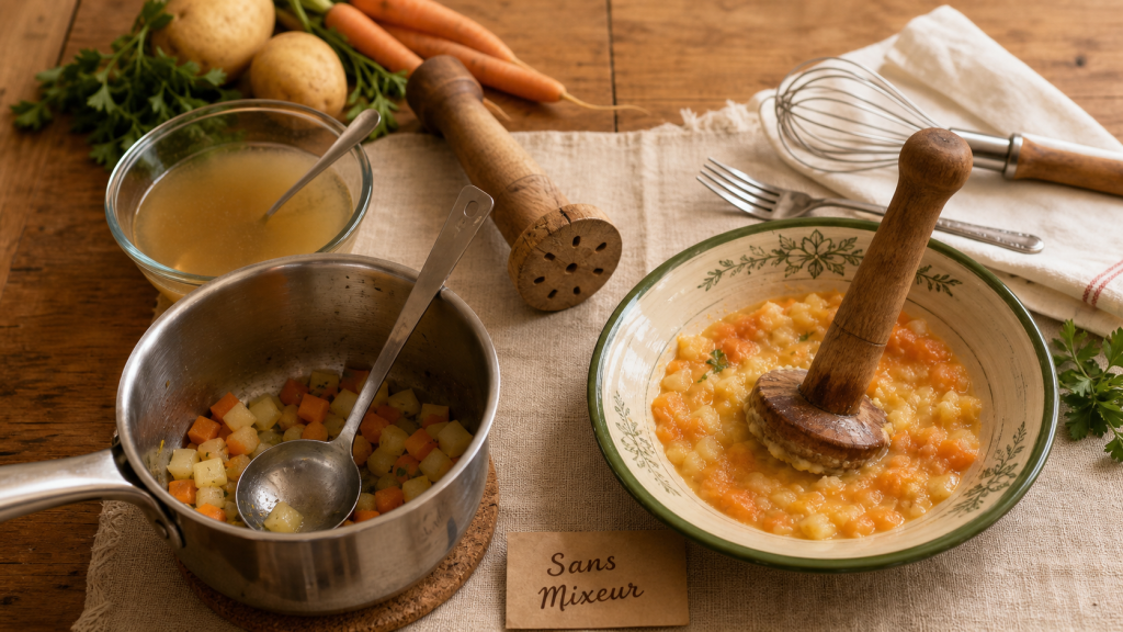 Comment mixer sans mixeur : soupe lisse avec presse-purée et louche