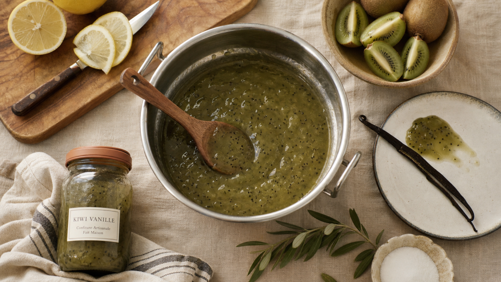 Confiture de kiwi de grand-mère, test de prise en cuillère sur pot en verre