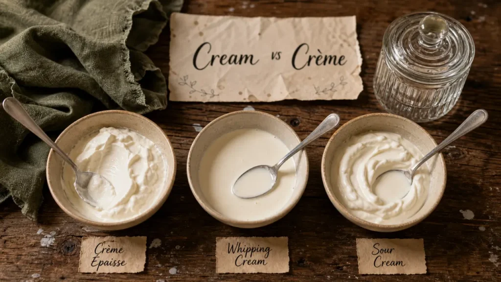 cream creme fraiche : crème fraîche, double cream et sour cream en bols