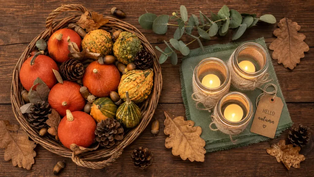 Décoration d'automne fait maison : photophores sur table bois, mini potimarrons et feuilles