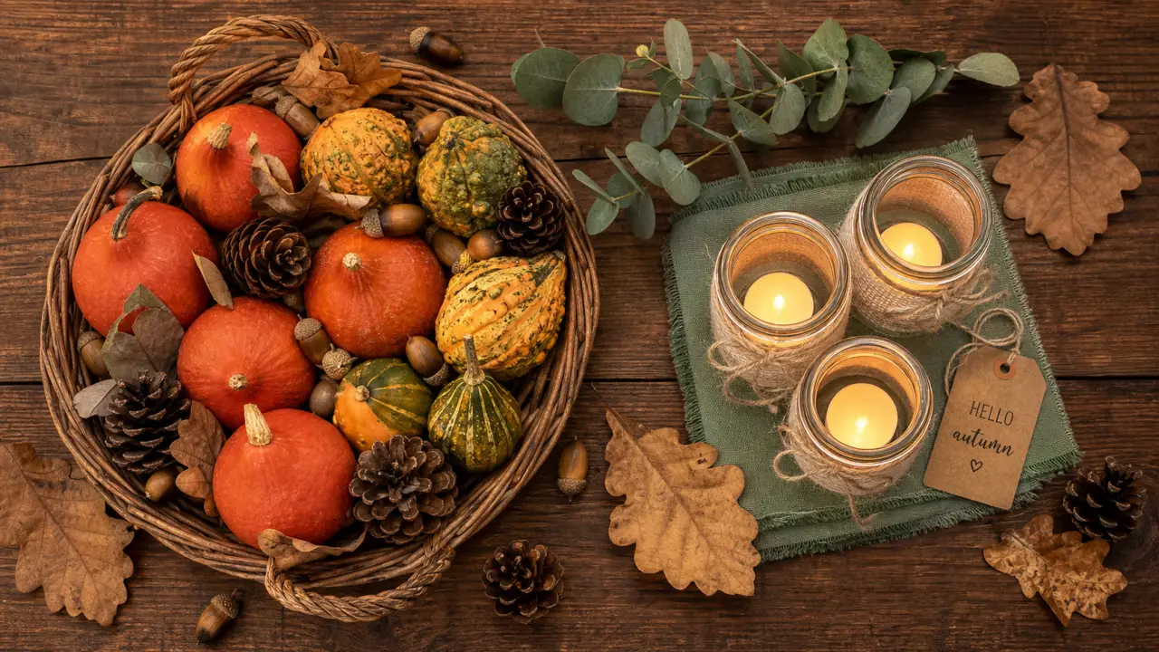 Décoration d'automne fait maison : photophores sur table bois, mini potimarrons et feuilles