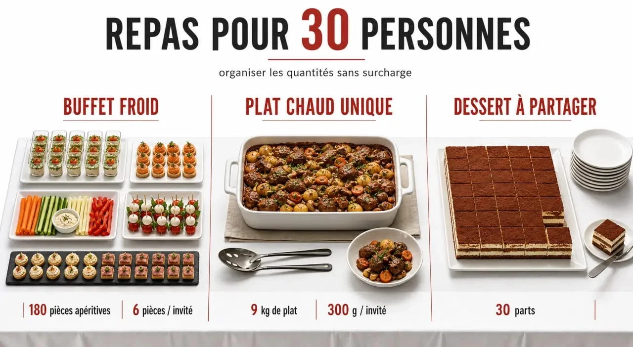 Repas pour 30 personnes : illustration de buffet, plat chaud et dessert avec repères de quantités