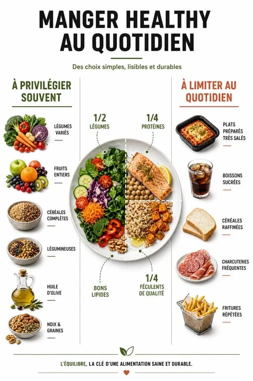 Infographie sur la nourriture healthy avec aliments à privilégier et à limiter