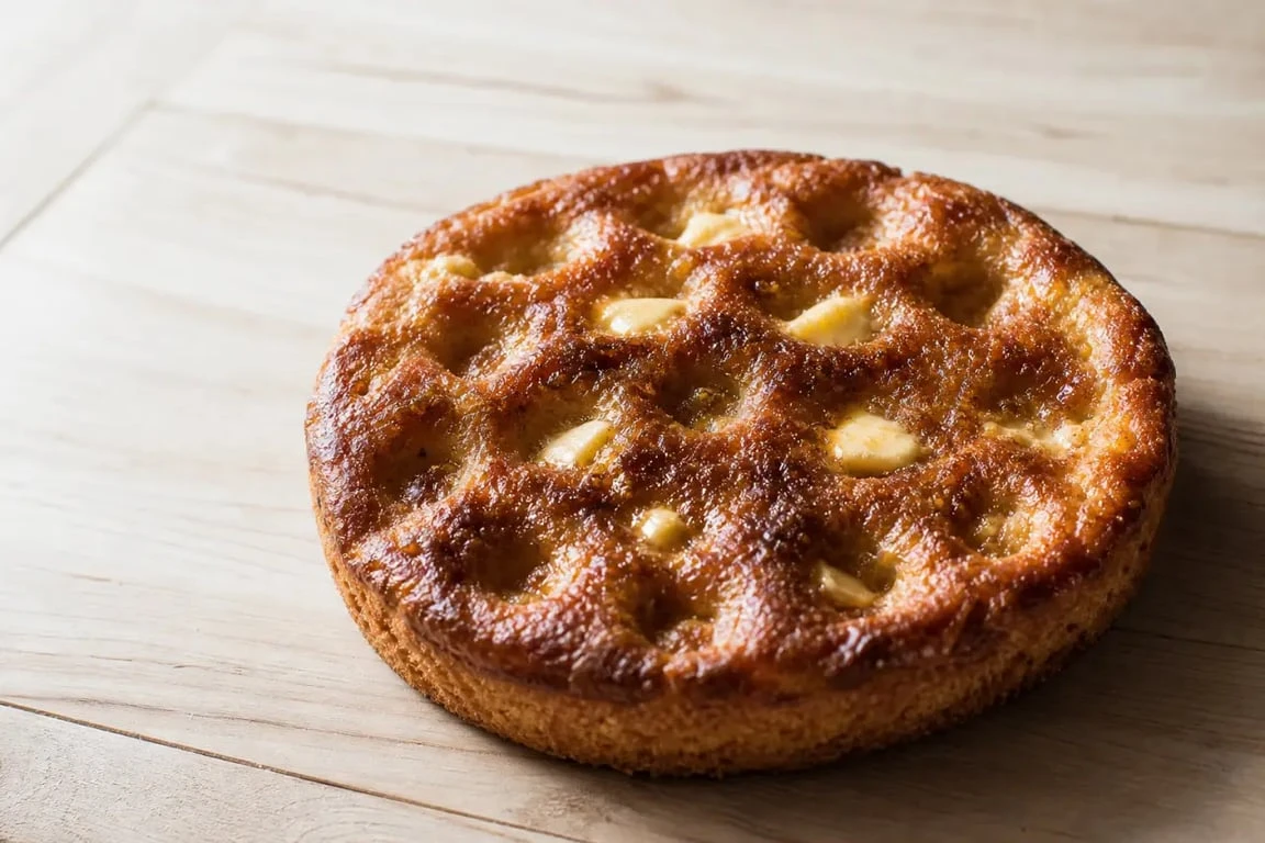 Tarte aux sucres du nord dorée et caramélisée, avec vergeoise fondue et beurre, présentée sur une table rustique