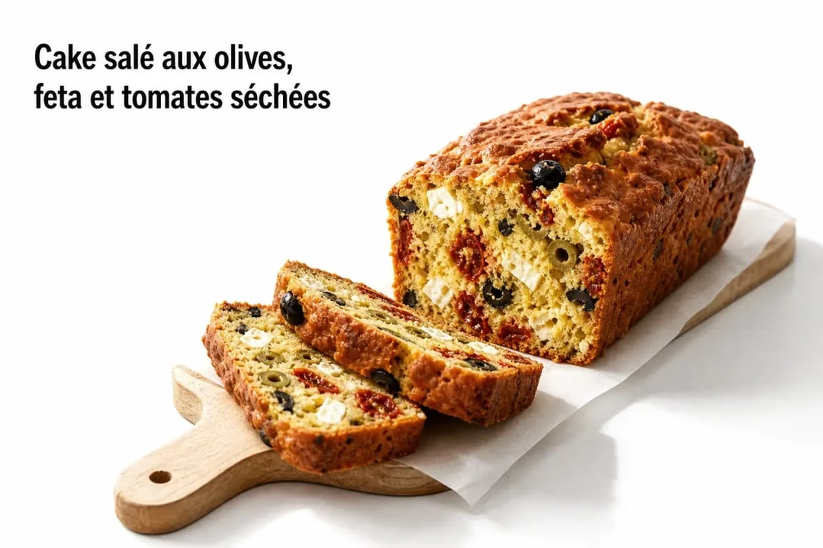Recette salé de cake aux olives, feta et tomates séchées sur assiette blanche