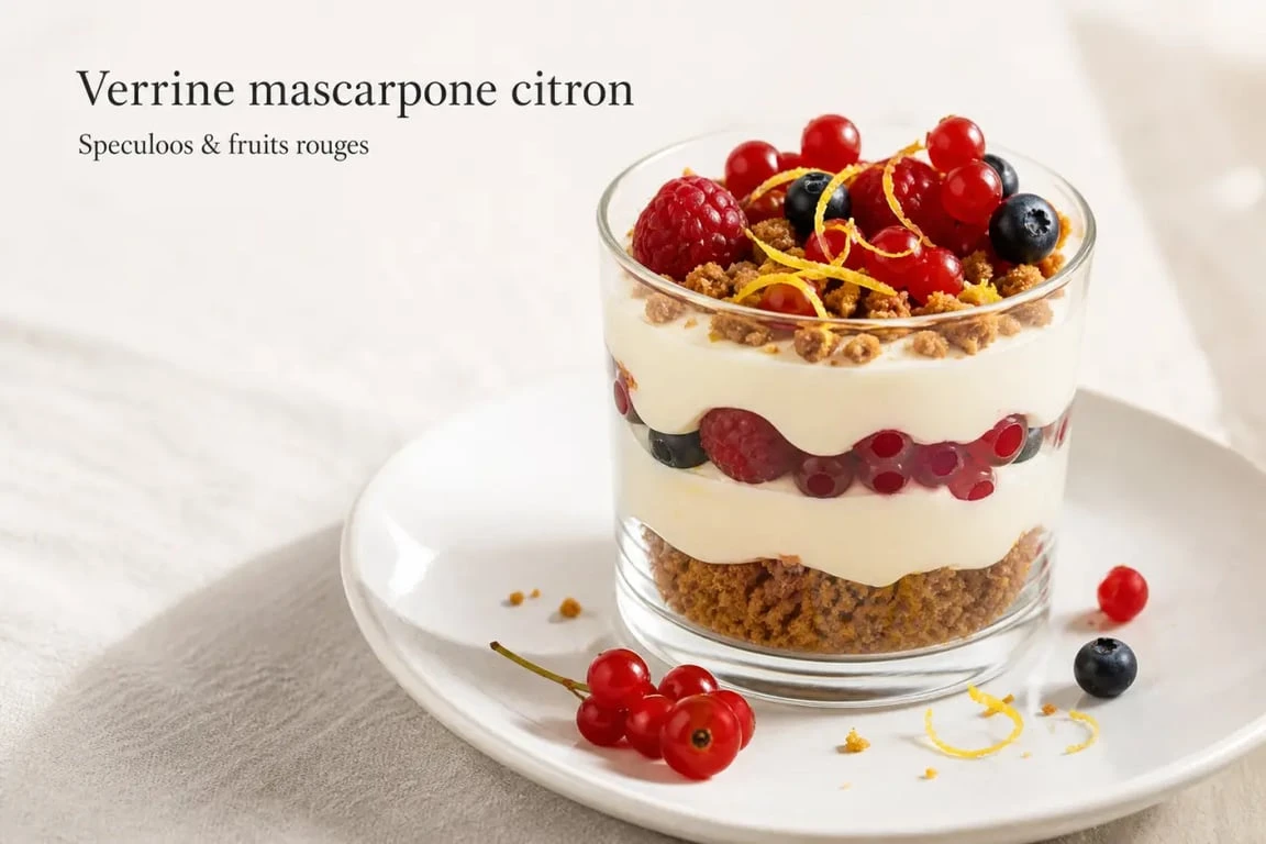 Dessert mascarpone citron et speculoos en verrines, avec fruits rouges