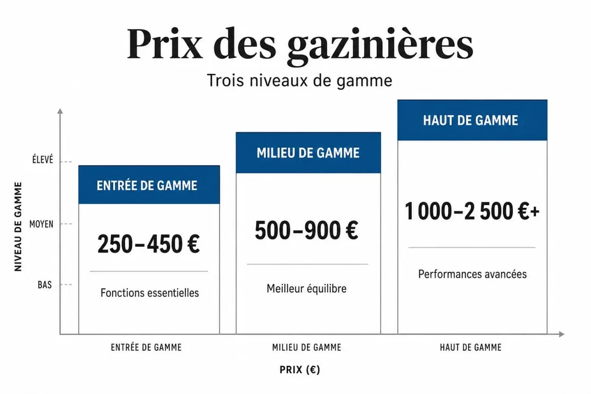 Infographie des prix des gazinières par gamme : entrée, milieu et haut de gamme pour comparer les tarifs.