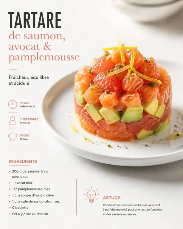 Entrées froides : tartare de saumon, avocat et pamplemousse dressé en assiette