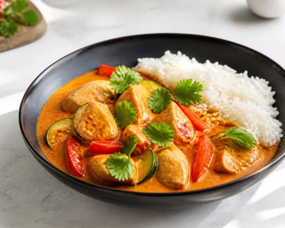 Recette avec pate de curry : curry rouge au poulet et lait de coco servi avec riz jasmin