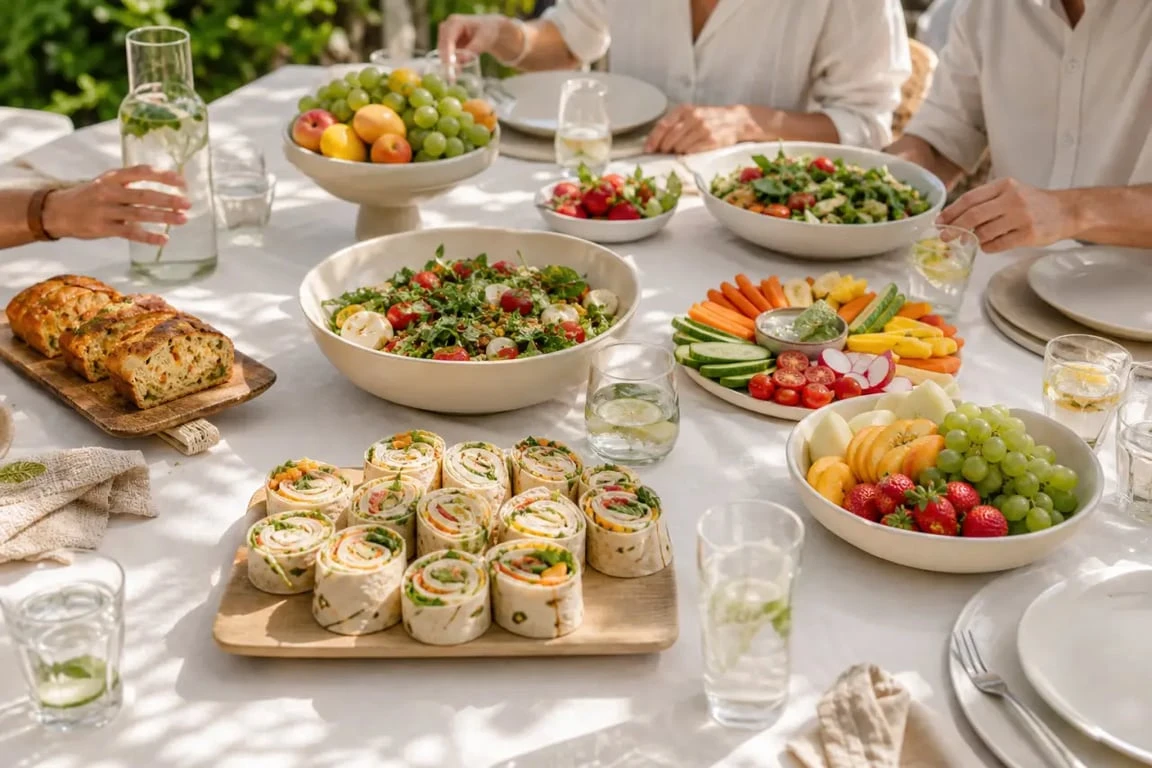 Repas froid entre amis sur une table de jardin avec salades, wraps et cake salé