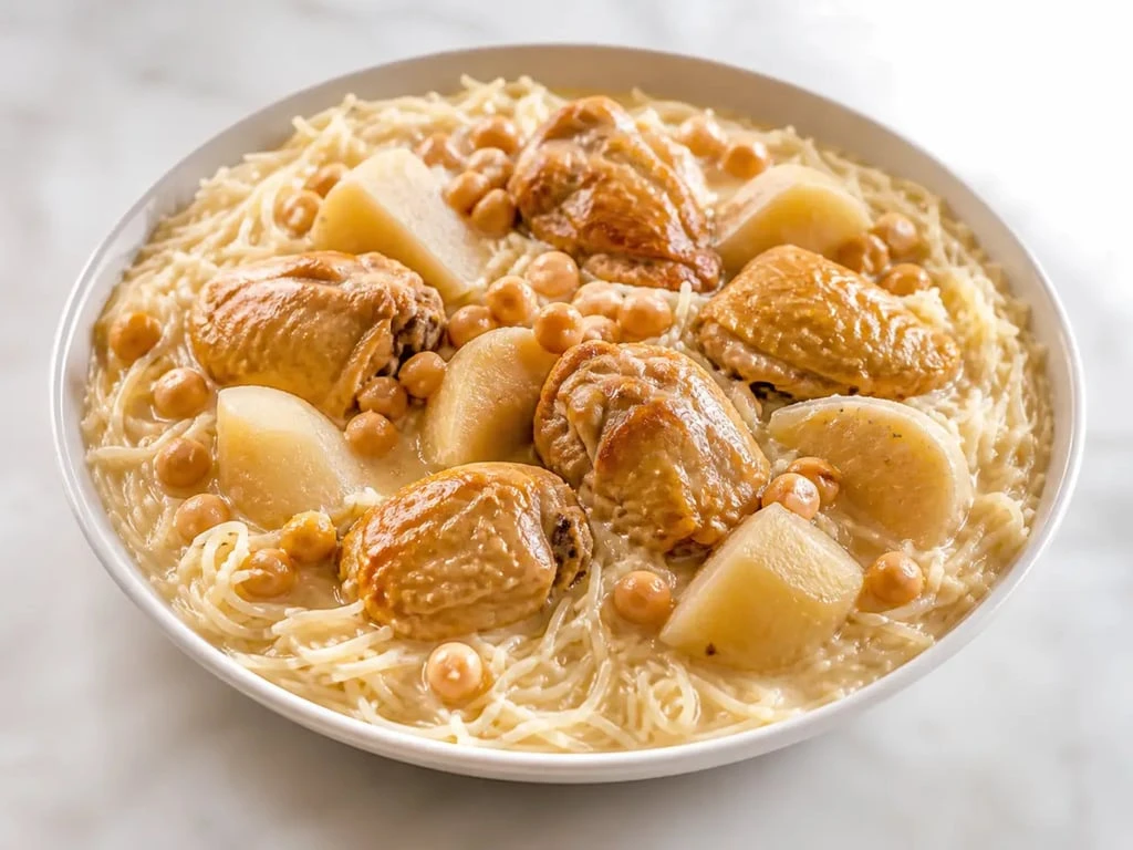 Recette rechta algérienne servie dans un grand plat familial avec poulet, navets et pois chiches