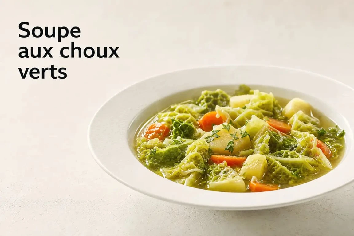 Soupe aux choux verts fumante et généreuse servie dans une assiette creuse rustique