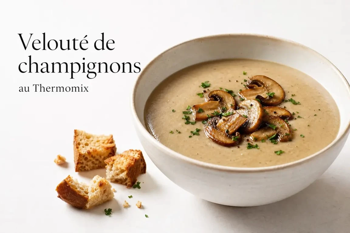 Velouté de champignons Thermomix servi en bol, avec persil et croûtons