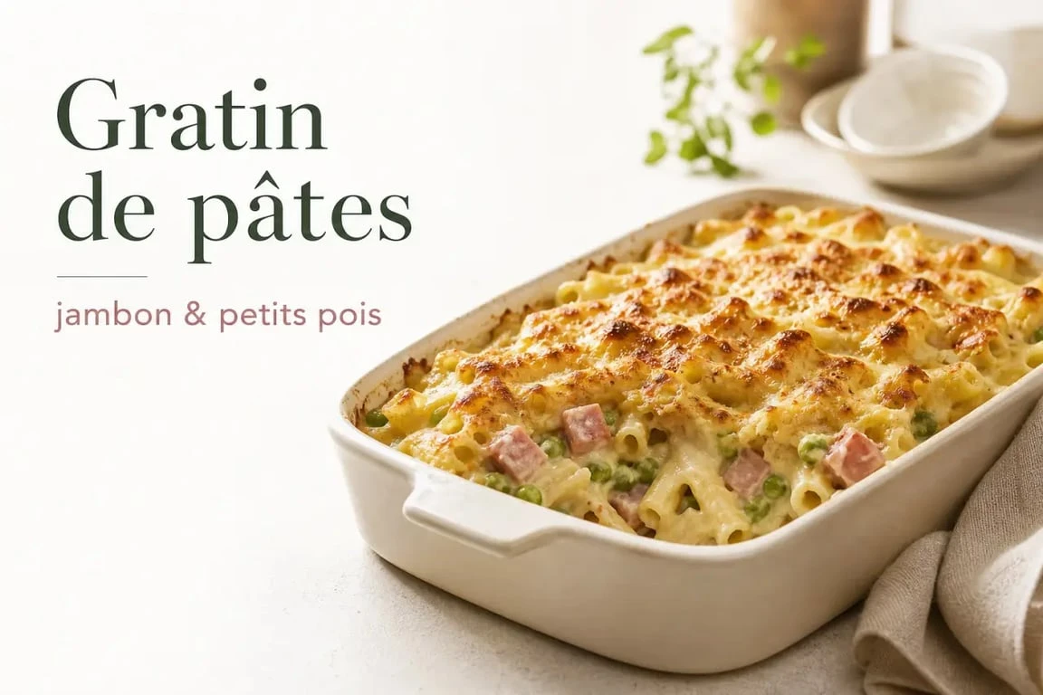 Recette facile pas cher de gratin de pâtes économique au jambon et petits pois